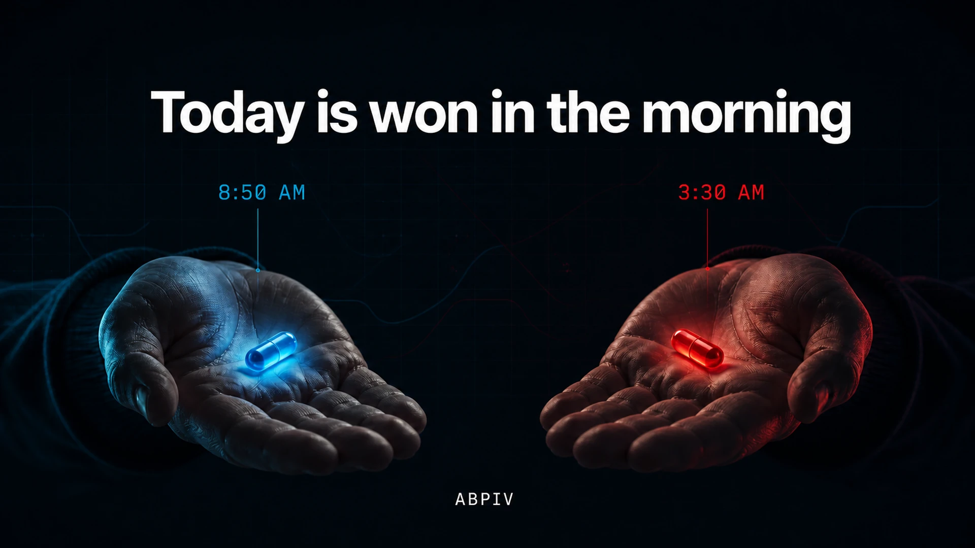 Two open hands offering a blue pill labeled 8:50 AM and a red pill labeled 3:30 AM beneath the title Today is won in the morning.